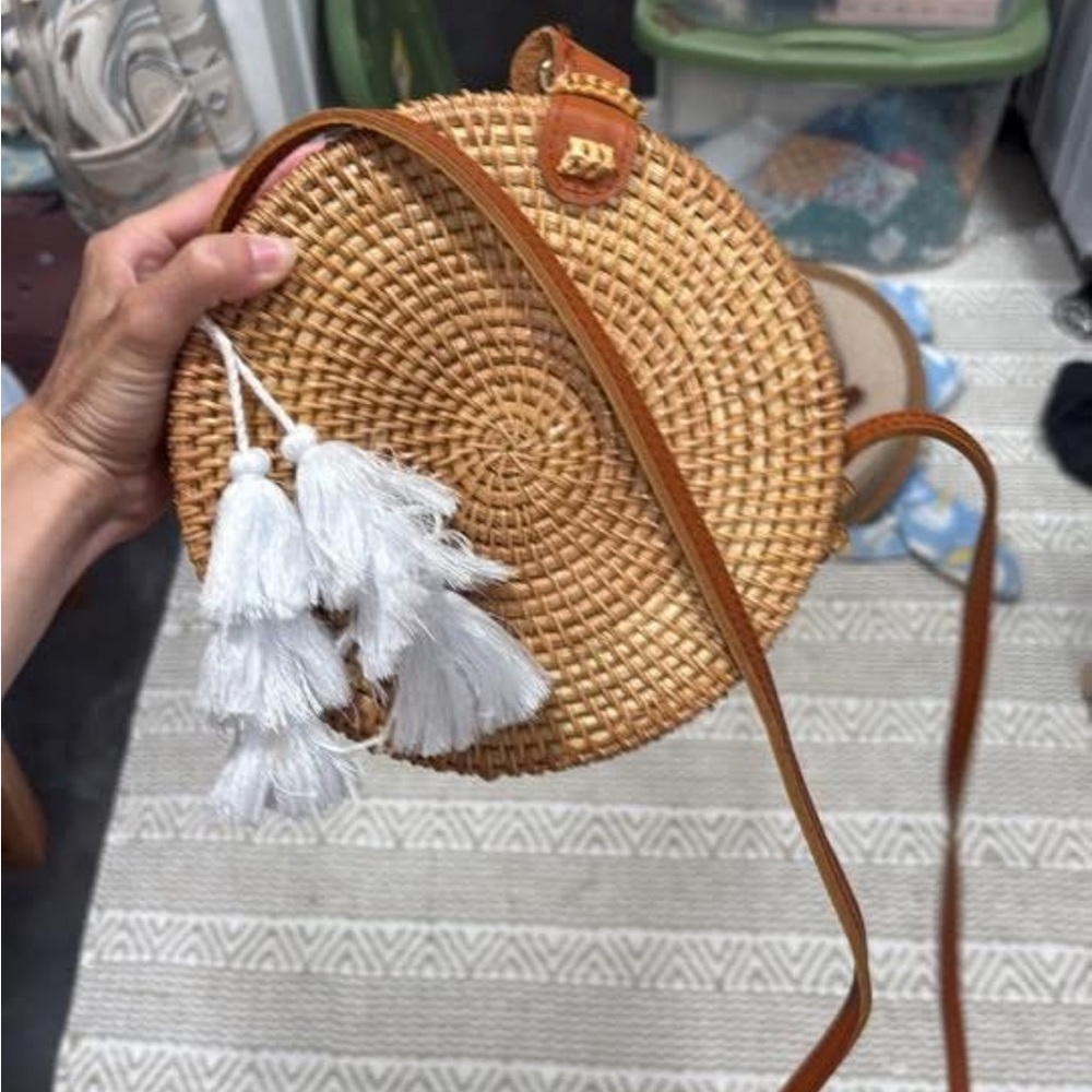 Round Woven Straw Bag with White Tassels